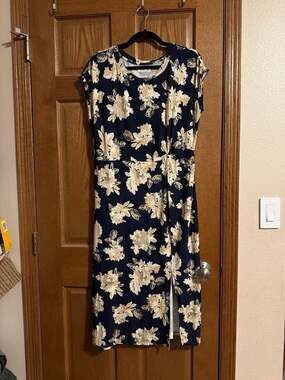 maurices Navy Floral Crewneck Knot Detail Midi Dress with Slit